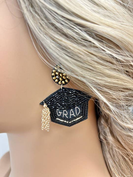 Graduation Cap Beaded Dangle Earrings