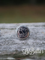 Sterling Silver Monogrammed Round Ring with Rope Border-Engraved Sterling Silver Ring