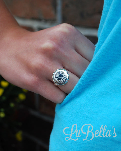 Sterling Silver Monogrammed Round Ring with Rope Border-Engraved Sterling Silver Ring