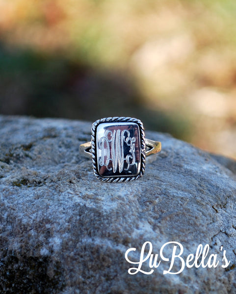 Sterling Silver Monogrammed Rectangular Ring with Rope Border-Monogram Ring-Engraved Ring