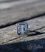 Sterling Silver Monogrammed Rectangular Ring with Rope Border-Monogram Ring-Engraved Ring