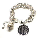 Monogram Charm Bracelet with Pearl-Gold or Silver-Engraved Link Bracelet