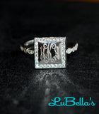 Monogram Square Border Ring with Cubic Zirconias-Engraved Square Ring-Gold Plated or Sterling Silver