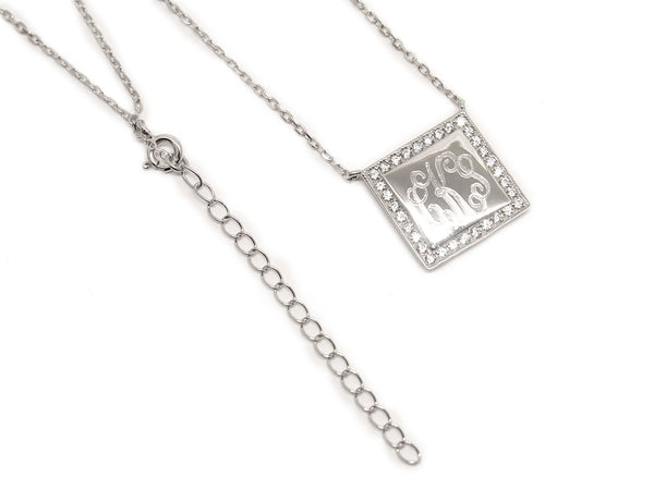 Engraved Sterling Silver Necklace with Cubic Zirconia square