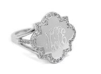 Monogram Quatrefoil Sterling Silver Split Band Ring, Engraved Quatrefoil Ring