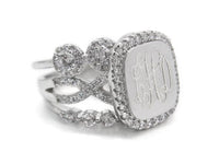 Monogram Sterling Silver Halo Stacked Ring, Engraved Halo Rectangle Ring