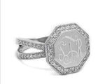 Monogram Sterling Silver Split Band CZ Ring, Engraved Silver CZ Ring