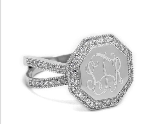 Monogram Sterling Silver Split Band CZ Ring, Engraved Silver CZ Ring