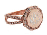 Monogram Rose Gold Split Band CZ Ring, Engraved Silver CZ Ring