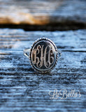 Sterling Silver Monogrammed Oval Ring with Rope Border-Monogram Ring-Engraved Ring