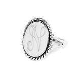 Sterling Silver Monogrammed Oval Ring with Rope Border-Monogram Ring-Engraved Ring