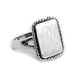 Sterling Silver Monogrammed Rectangular Ring with Rope Border-Monogram Ring-Engraved Ring