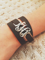 Wrap Around Monogram Leather Bracelet-Sterling Silver or Gold Plated