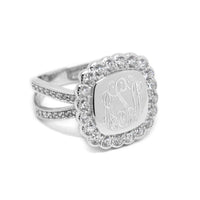 Monogram Sterling Silver Ring with Split Band CZ Border