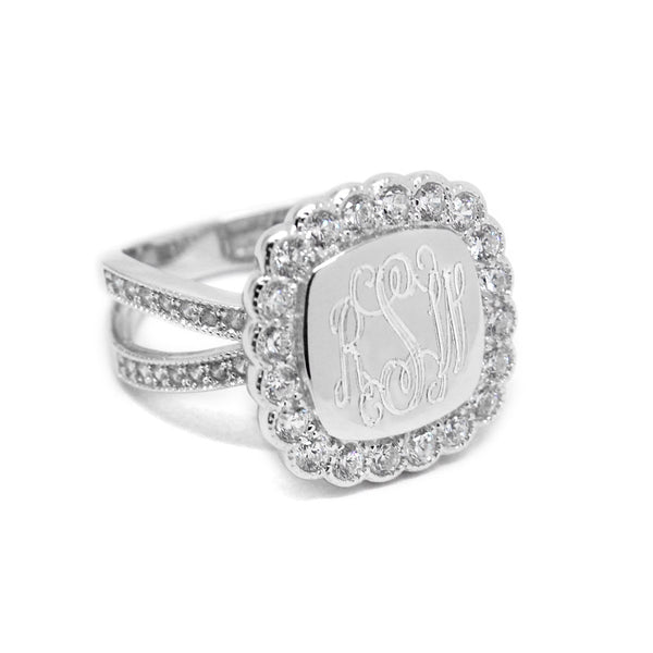 Monogram Sterling Silver Ring with Split Band CZ Border